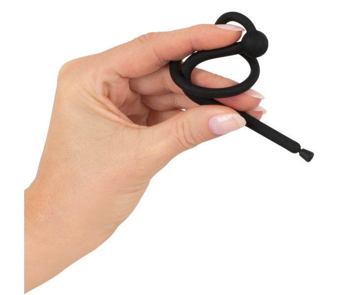 Penisplug Dilator - szilikon húgycsőtágító makkgyűrűvel (0,6mm) - fekete - 3