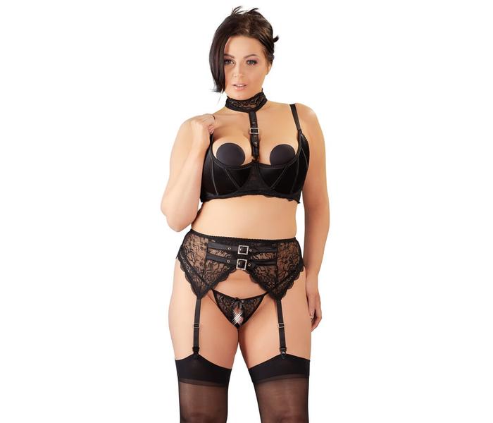 / Cottelli Plus Size - dögös csipke fehérnemű trió (fekete) - 2