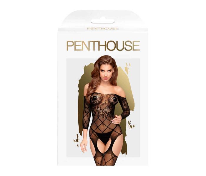 Penthouse Top-notch - rácsos-virágos, nyitott, necc szett (fekete) - 3