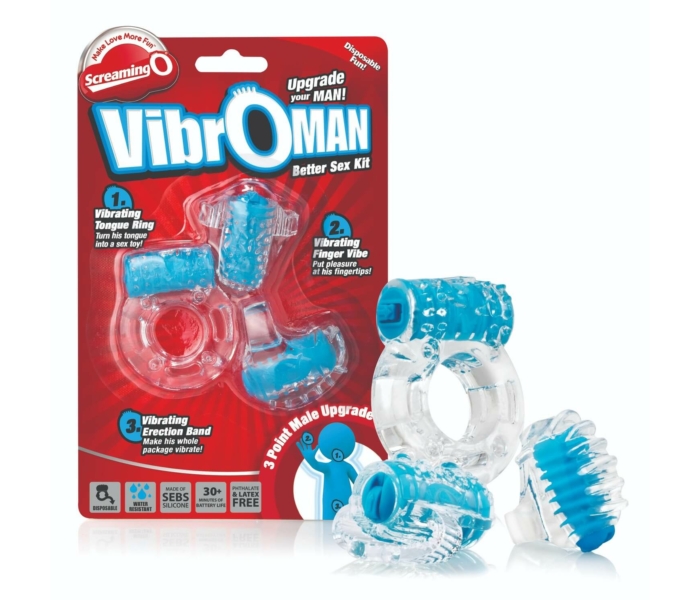 Screaming Vibroman - vibrációs péniszgyűrű szett - kék (3 részes)